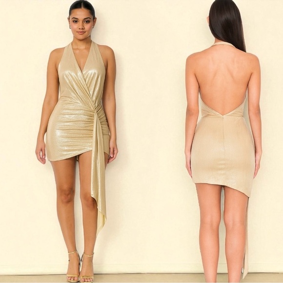 225 Shein | NWOT Gold Metallic Halter Mini Dress (Size XS) - 3for15 - Picture 1 of 15